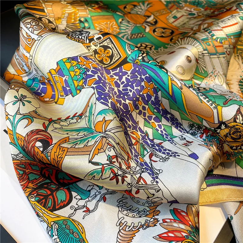 2024 100% Real Silk Square Scarf Women Designer Horse Print Neckerchief Female Luxury Shawl Hijab Bandana Headband