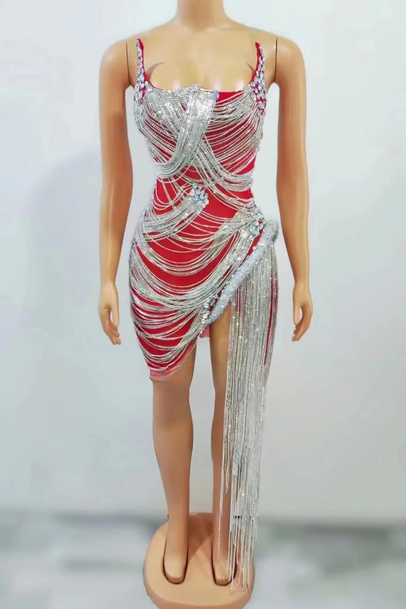 Luxury Laser Diamond Fringe Dress Sexy Spaghetti Straps Birthday Party Club  Singer Stage Dance Outfits Summer Nightout Costume