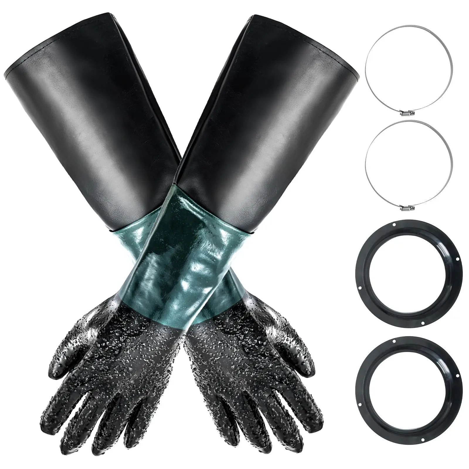 Rubber Sandblasting Gloves  1 Pair Blast Protection with 2 Glove Holders Metal Clamps Suitable for For Sandblast Cabinets
