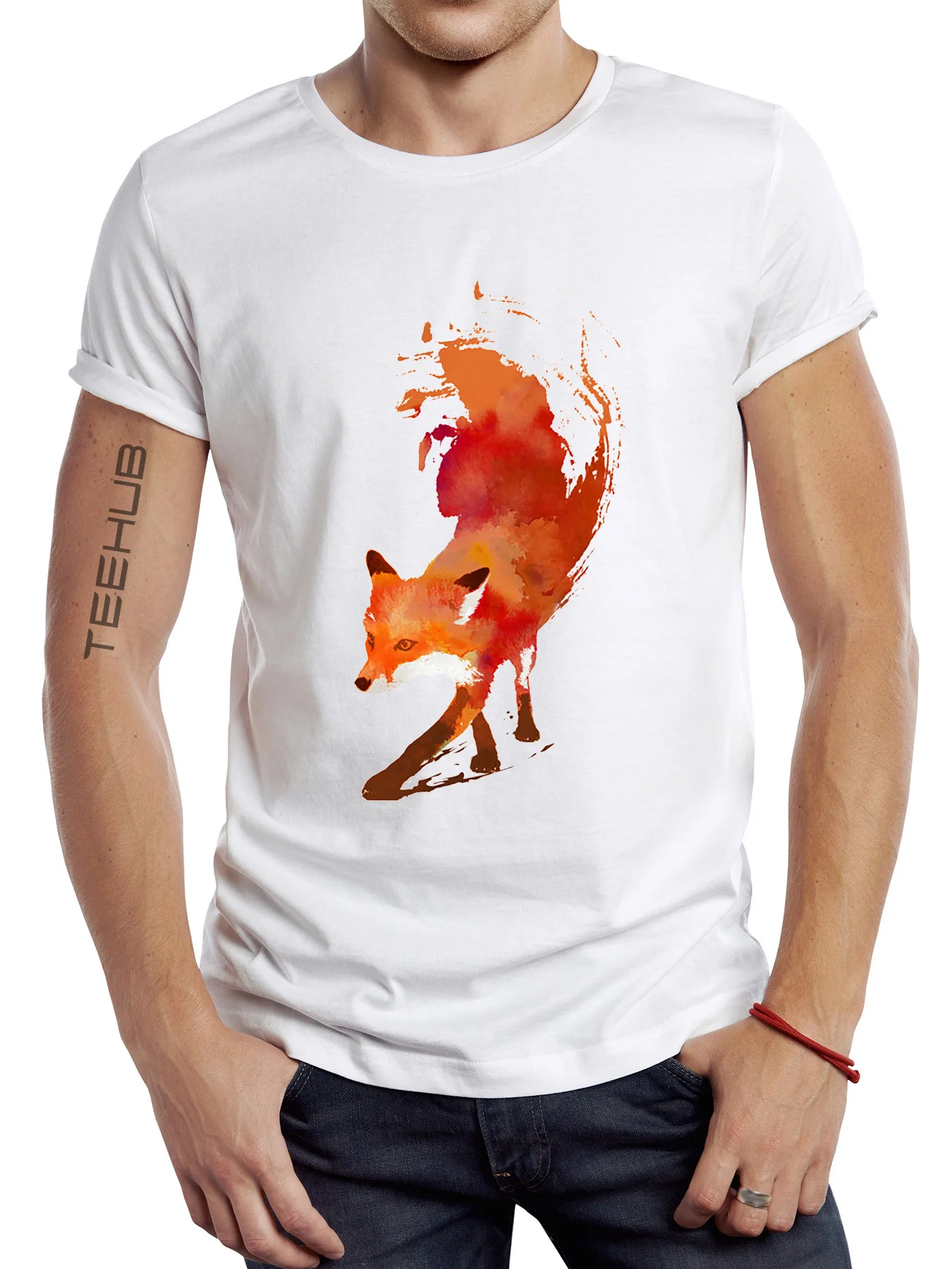 2024 Newest Men's Fashion Painted Fox Design Tee Short-Sleeve T-Shirt Tops For Spring Summer