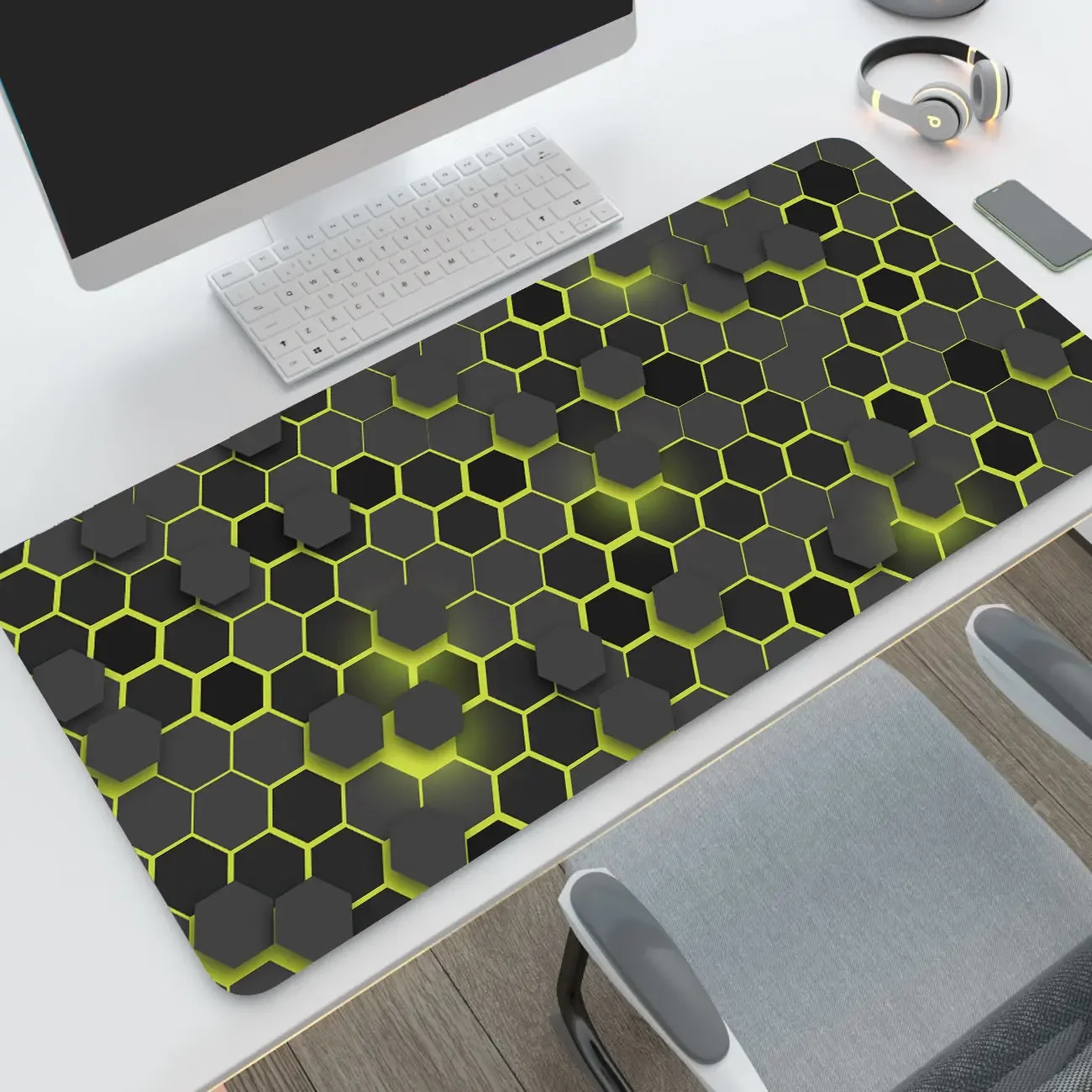 Rubber XXL Computer Desk Mat, Hexagon Keyboard Mouse Pad for Gaming, Esports and Office Tables, Large Desktop Surface Protector