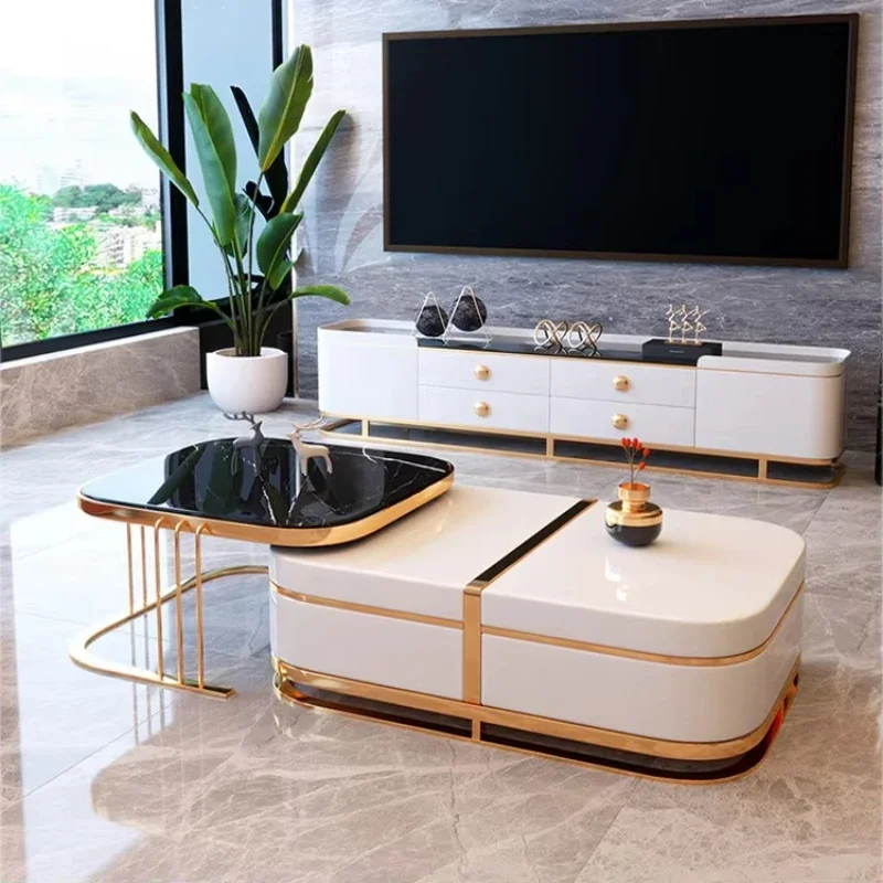 

Modern Living Room Furniture Luxury TV Stand Marble Top Wood Stainless Steel Coffee Table