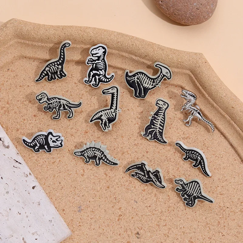 12 Pcs Punk Style Skull Dinosaur Brooch Cartoon Exquisite Metal Badge Pins for Backpacks Jewelry Gift