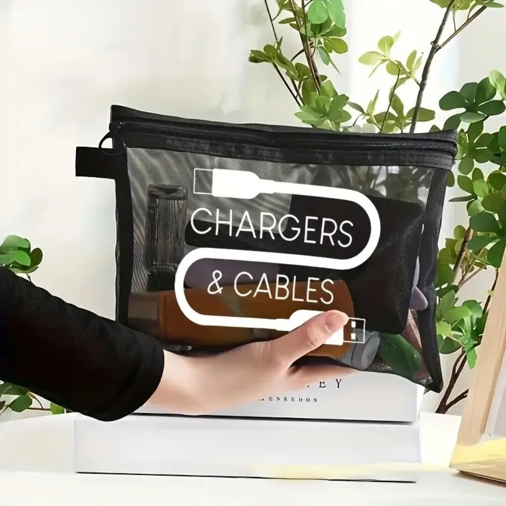 Canvas Charger Storage Pouch Print Design Zipper Closure Cable Organizer Bag Large Capacity Cosmetic Organizer for Office Desk