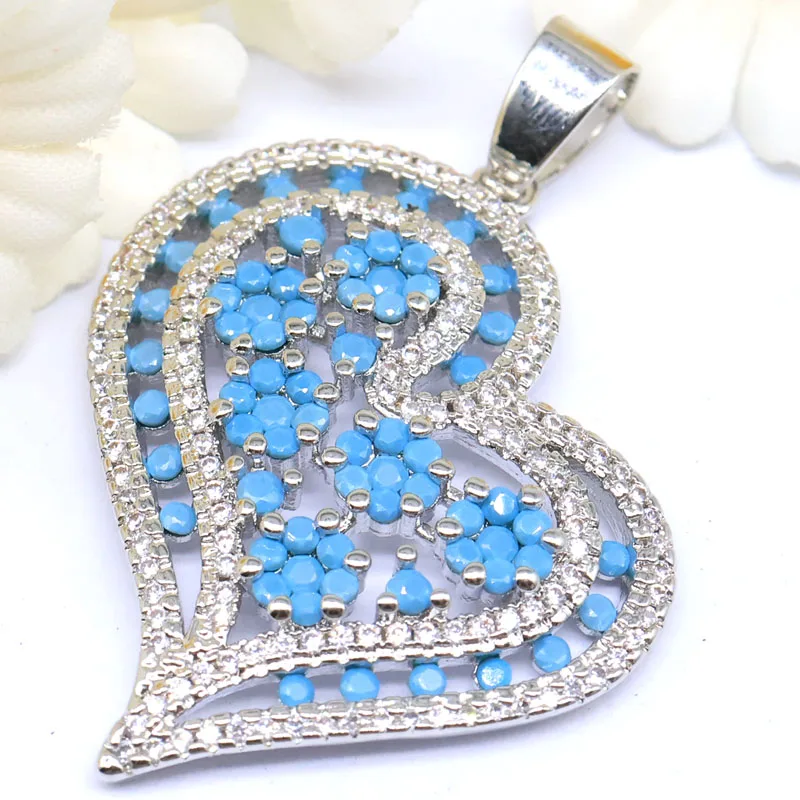 Buy 5 Get 1 Free 42x29mm Stunning Heart Shape White Sapphire Pink Kunzite Blue Turquoise CZ Females Present Silver Pendant