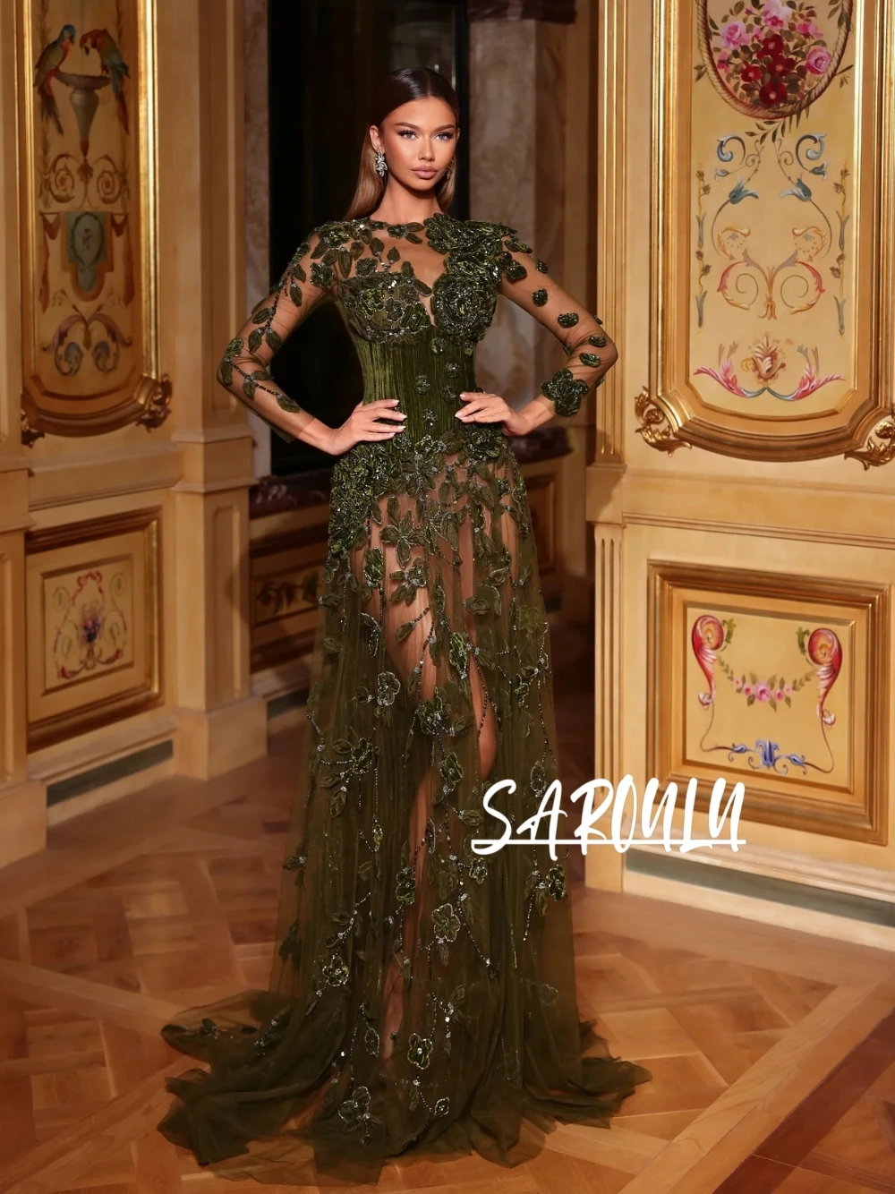 

Роскошное оливково-зеленое вечернее платье, сексуальное прозрачное сетчатое платье с цветочной вышивкой и длинными рукавами, платье для выпускного вечера, великолепный корсет, блестящая одежда