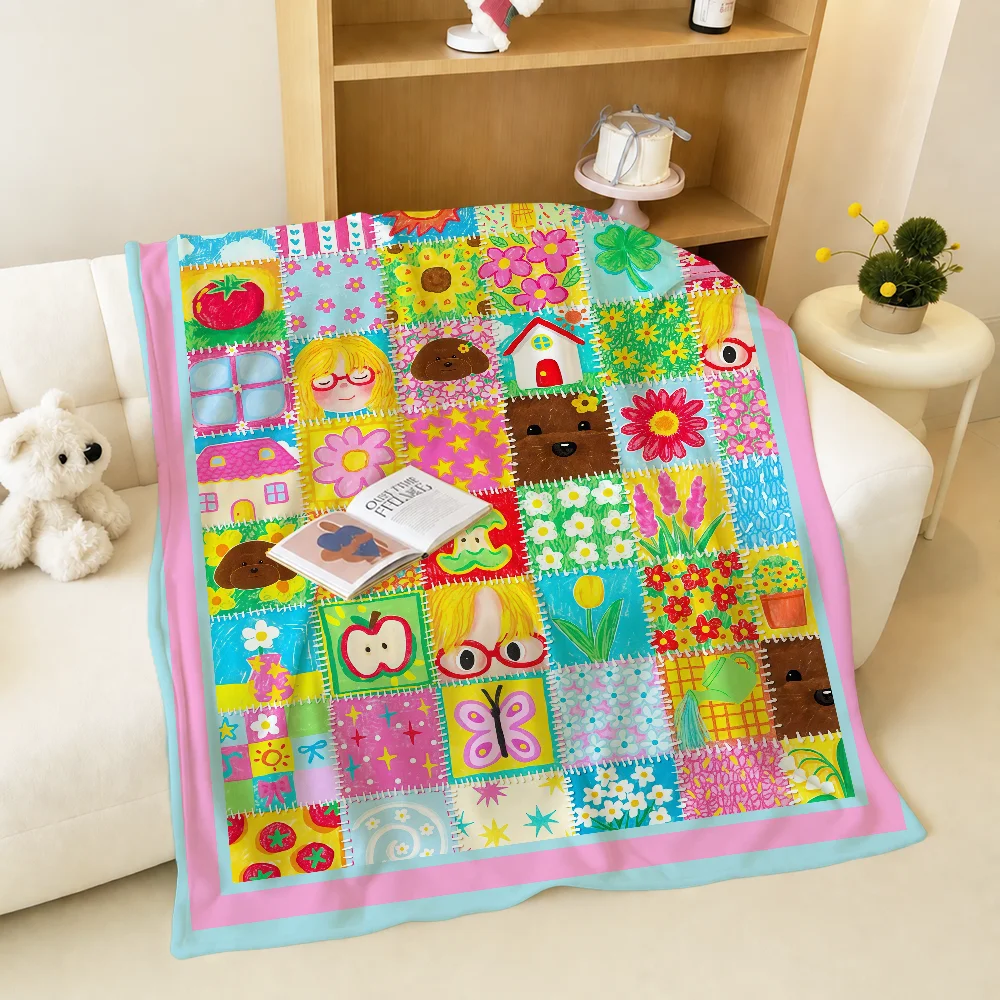 Patchwork Patterns Flowers Hearts Cute Art Warm Soft Plush Blanket For Sofa Living Room Nap Home Bedroom Gift Flannel Pet Hogar