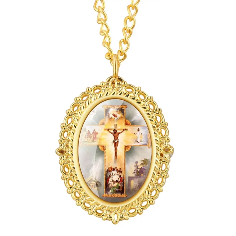 Antique Yellow Gold Jesus Cross Design Oval Shape Unisex Quartz Pocket Watch Full Hunter Clock Sweater Necklace Chain Souvenir