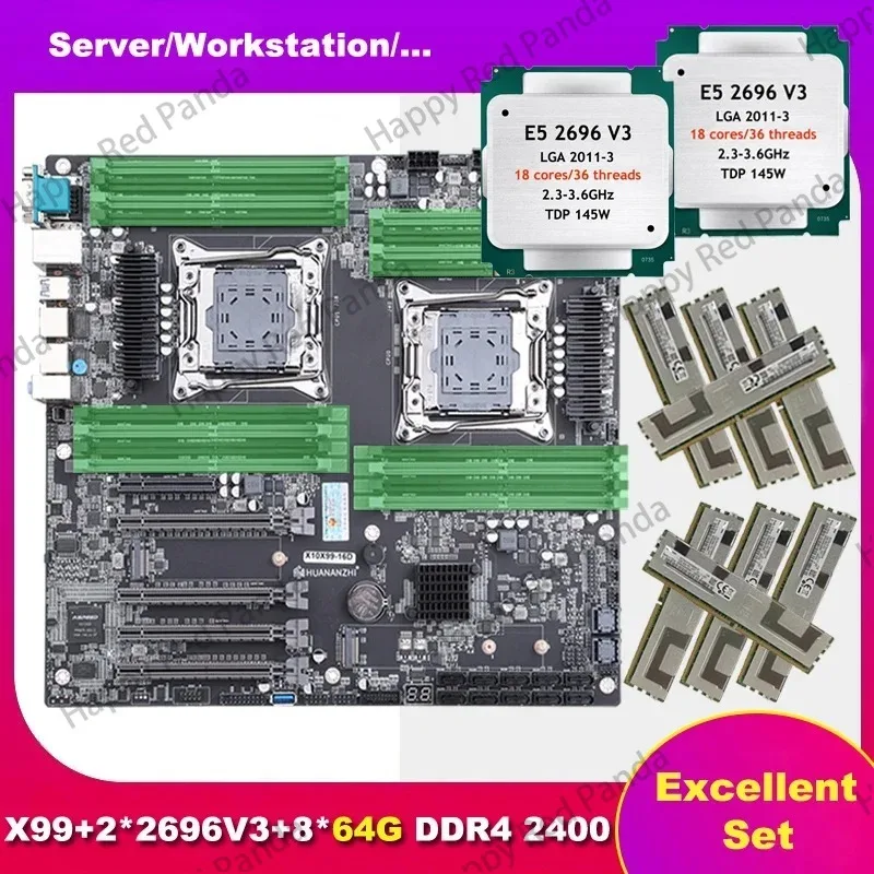 X10 X99-16D Dual CPU Motherboard Set X10X99-16D LGA2011-3 2*2696 V3 8*64G RAM 512G DDR4 RECC Integrated IPMI VGA Output