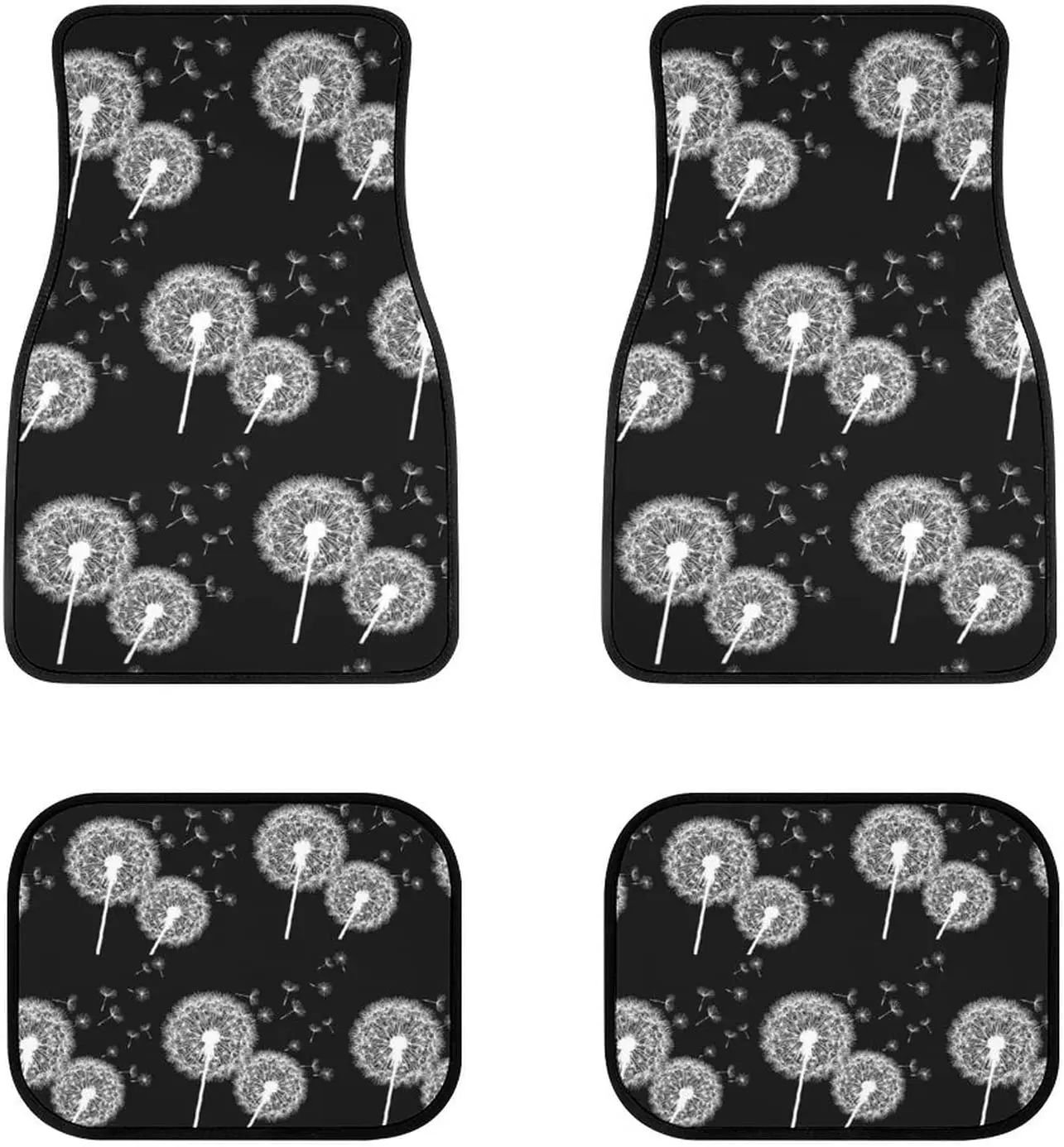 

White Flowers Danlions Car Floor Mats Front & Rear Liners Set, Universal Fit Auto Carpet Floor Mats Set Of 4 For SUV