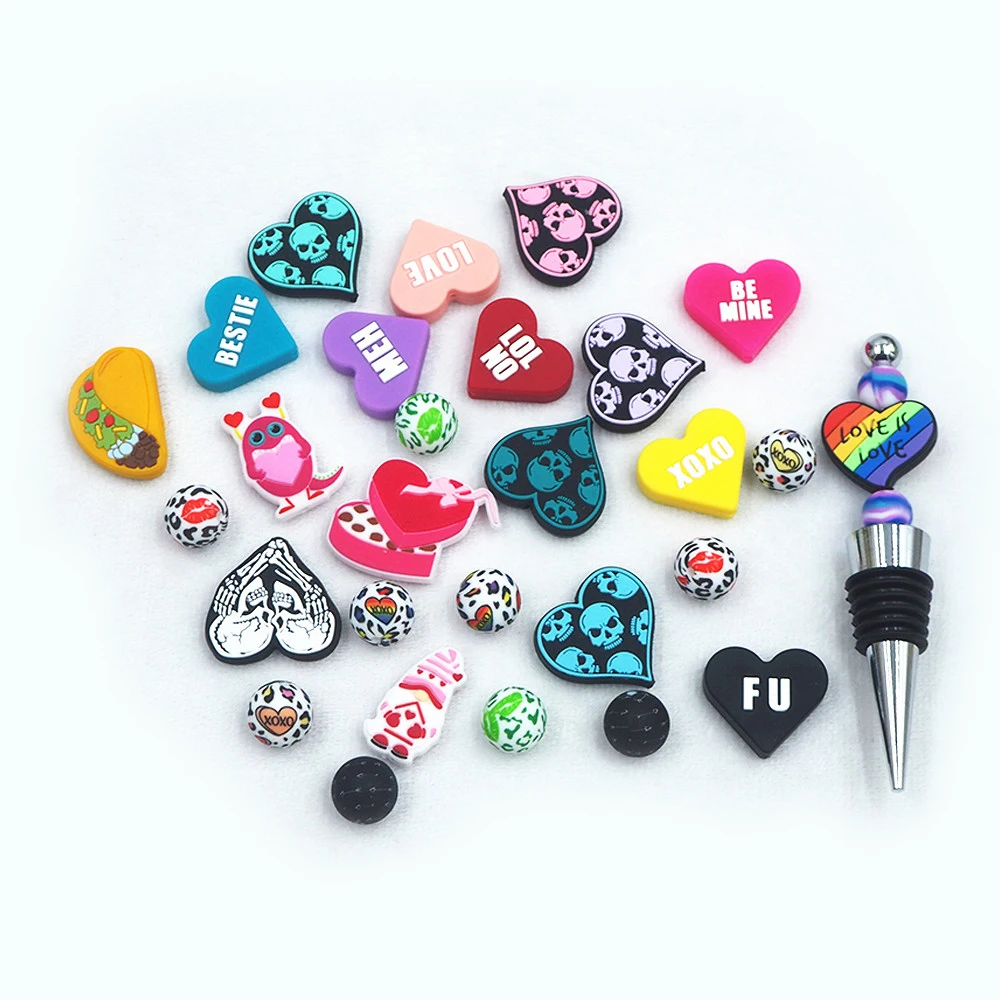 Chenkai 10PCS Skull Love Valentine's Focal Beads For Pen Beadable Pen Silicone Charms Character Beads For Pen Making Pacifiers