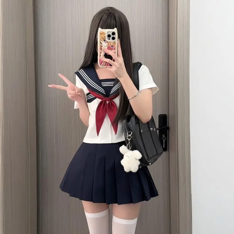Preppy Style JK-Uniform-Set, weißes Design mit drei Streifen, marineblauer Rock, japanisch inspiriertes Basic-Campus-Outfit für Mädchen