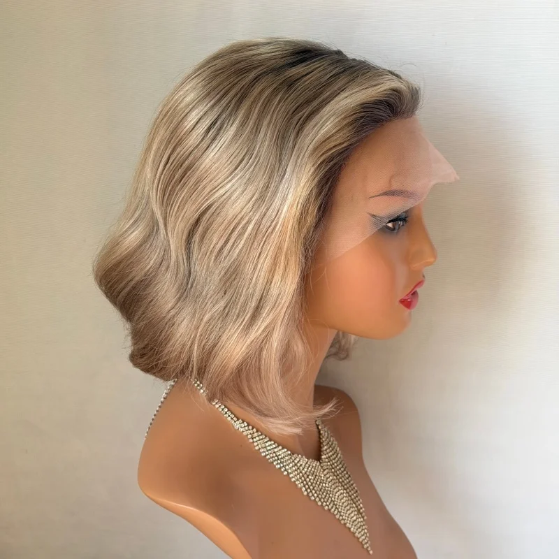 

Real Human Hair Wig Virgin Brazilian Hair Short Bob Lace Frontal Wigs Top Grade Platinum Golden Blonde with Natural Roots Wig