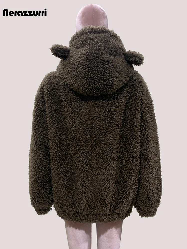 Mauroicardi Autumn Winter Brown Warm Soft Faux Fur Coat Hoodie with Bear Ears Sweet Cute Luxury Designer Clothes Fluffy Jacket