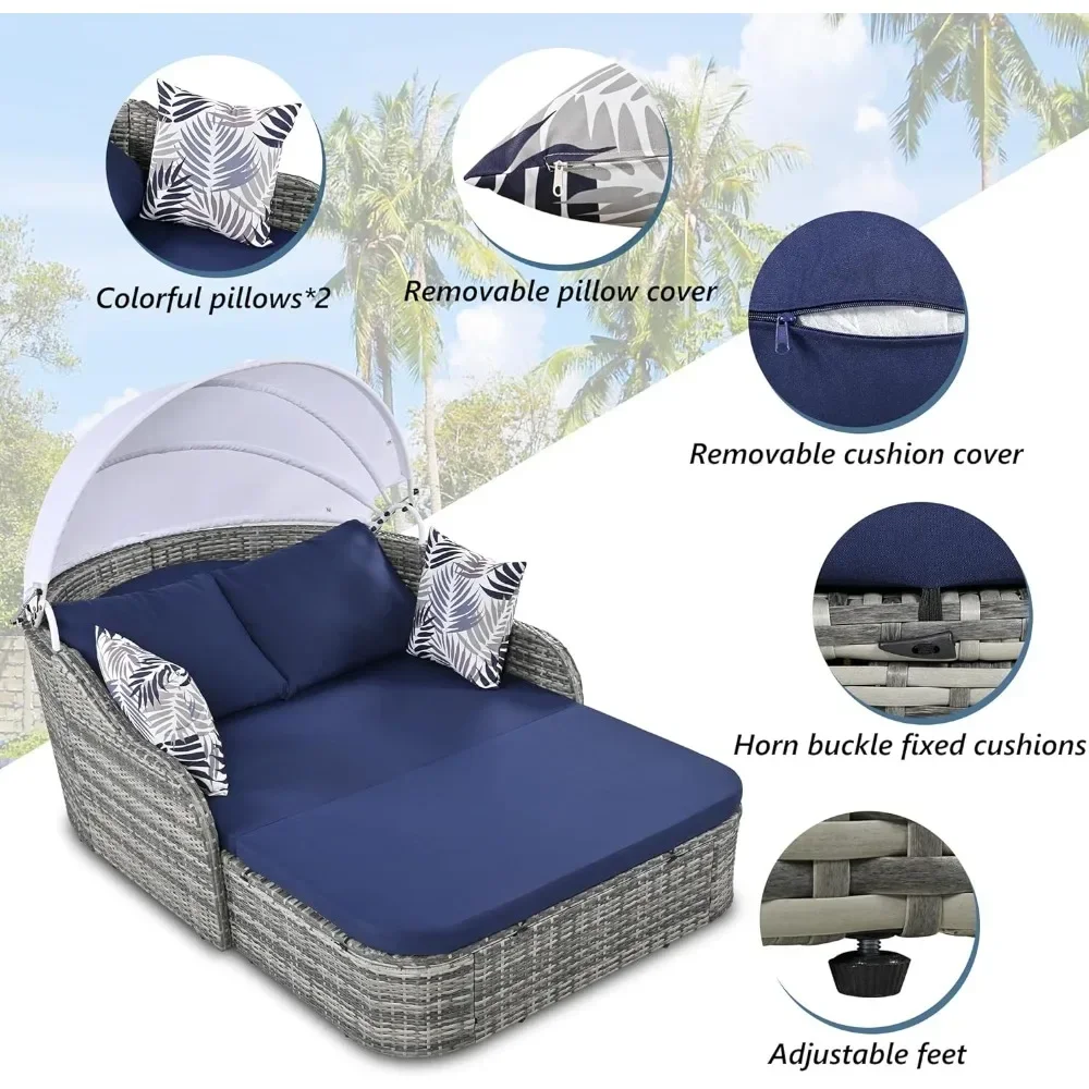 Outdoor Patio Sunbed Daybed with Adjustable Canopy Wicker Rattan Daybed Double Chaise Lounger with Cushions and Pillows Camping