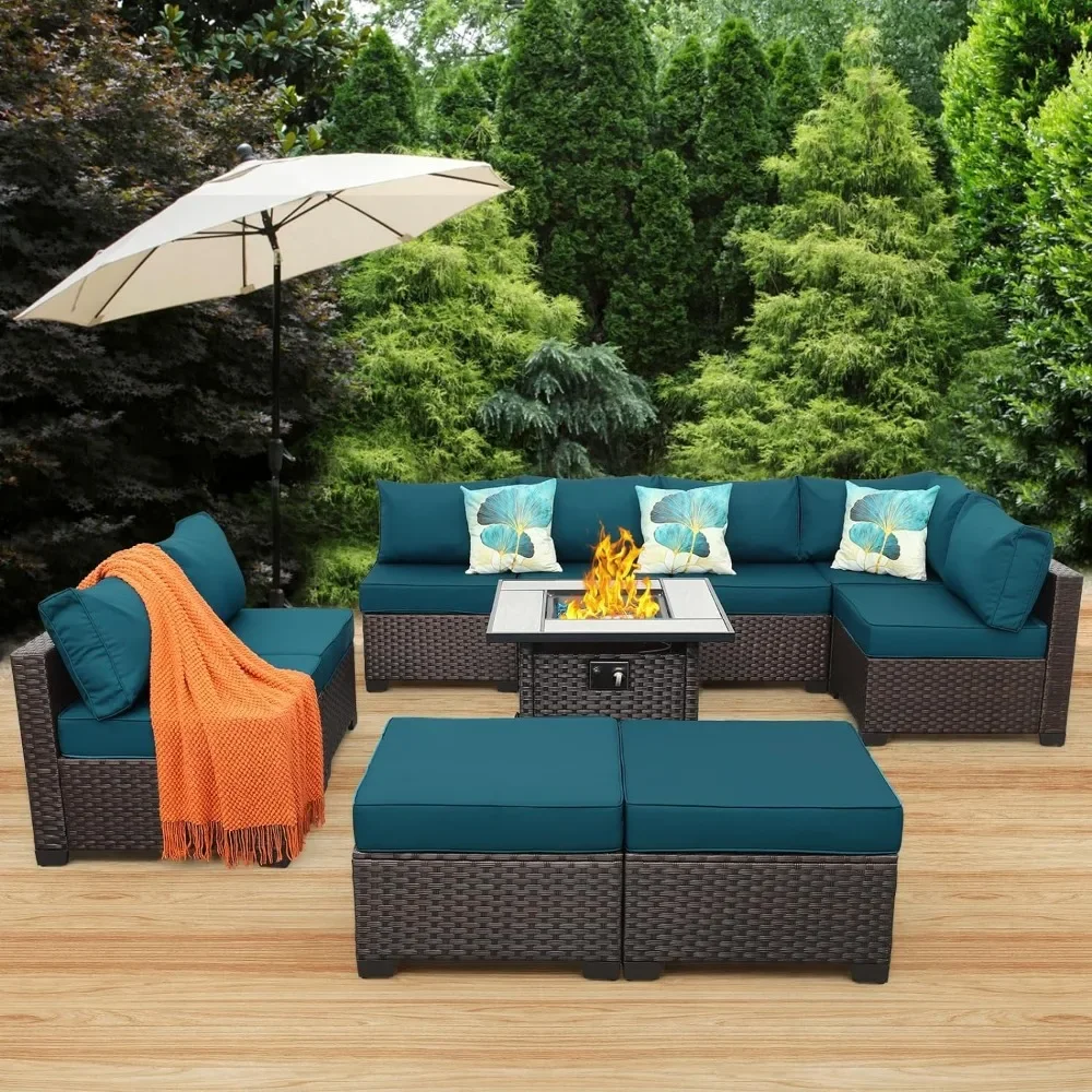 

Garden Furniture 10 Piece Set, PE Wicker Sofa Sets with 45"Gas Fire Pit Table and Non-Slip 5"Thick Cushion, Garden Furniture Set