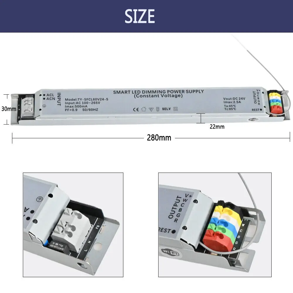 CENFAYA 60W Dimmable RGBCCT LED Driver DC 24V Power Supply Work With WIFI Tuya Smart Life App Control For COB RGBCCT LED Strip