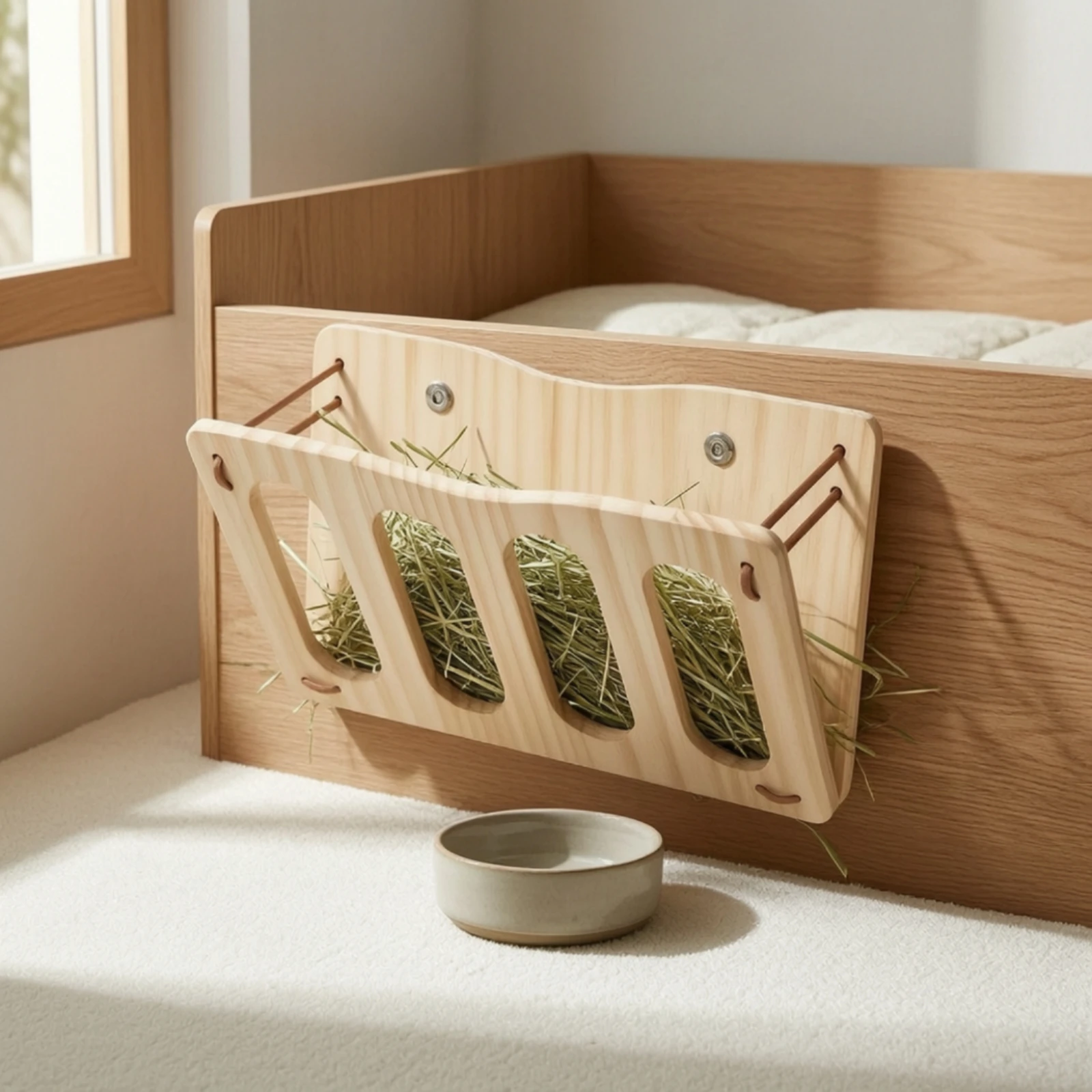 Wall-Mounted Hay Feeder Space-Saving Wooden Hay Feeder Rounded for Rabbits, Rabbit Cages, Small Animal Enclosures