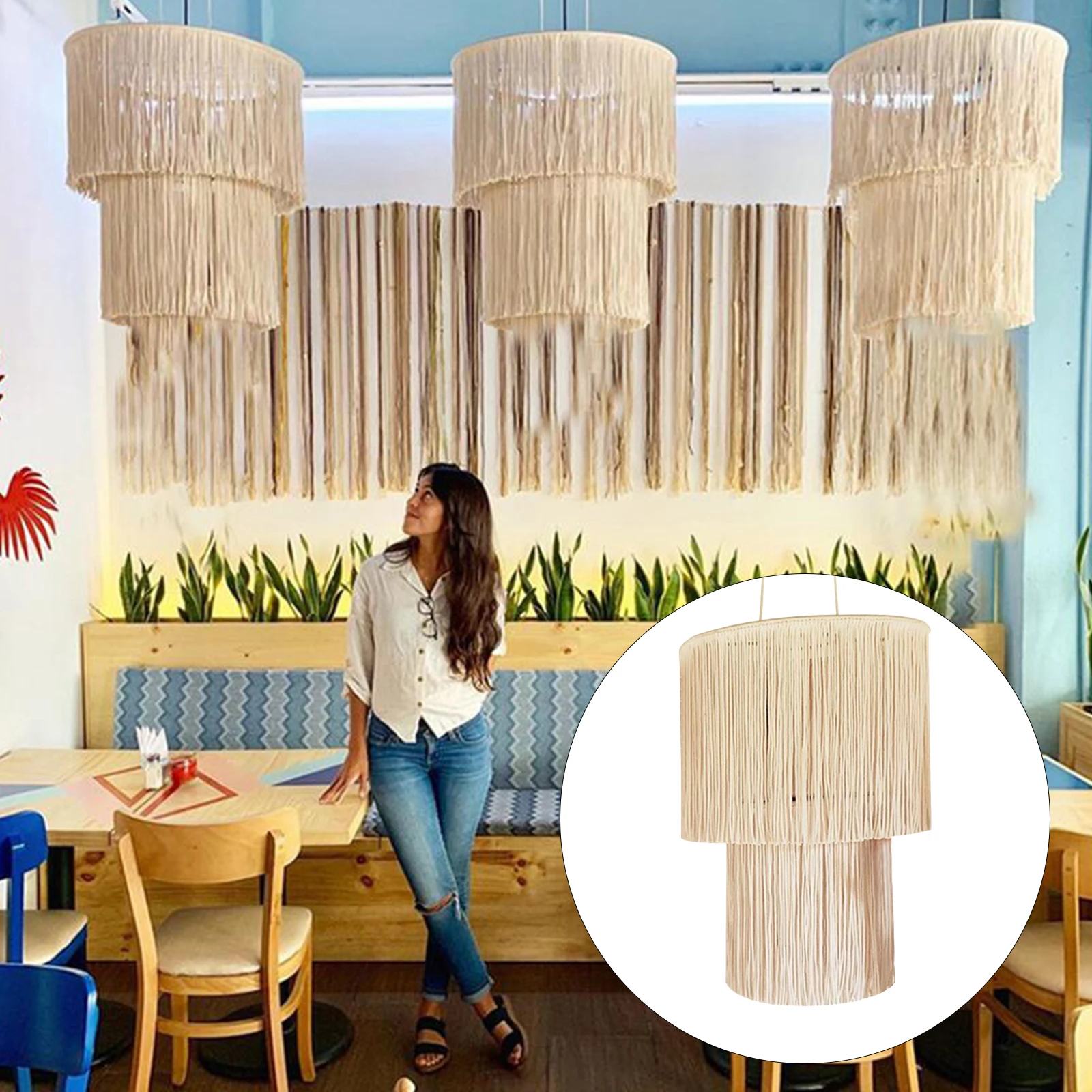 Macrame Lamp Shade Boho Pendant Light Shade Ceiling Light Cover Chandelier Decorative for Dorm Living Room Home Decor
