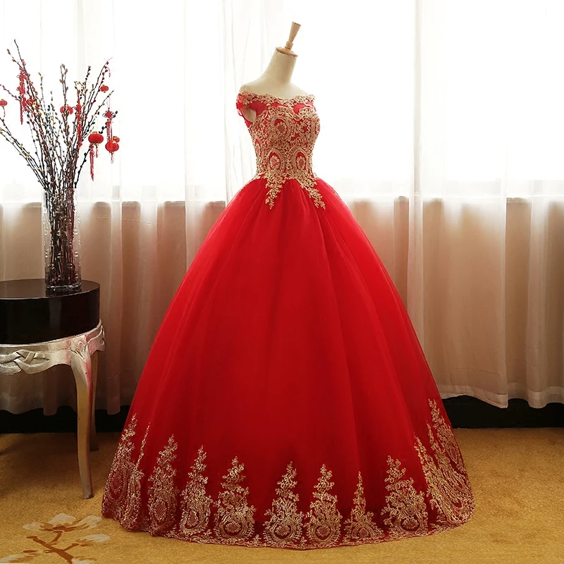 Vestidos de quinceañera rojos a la moda con hombros descubiertos, vestido de fiesta largo hasta el suelo, estilo Vintage de encaje dorado, talla