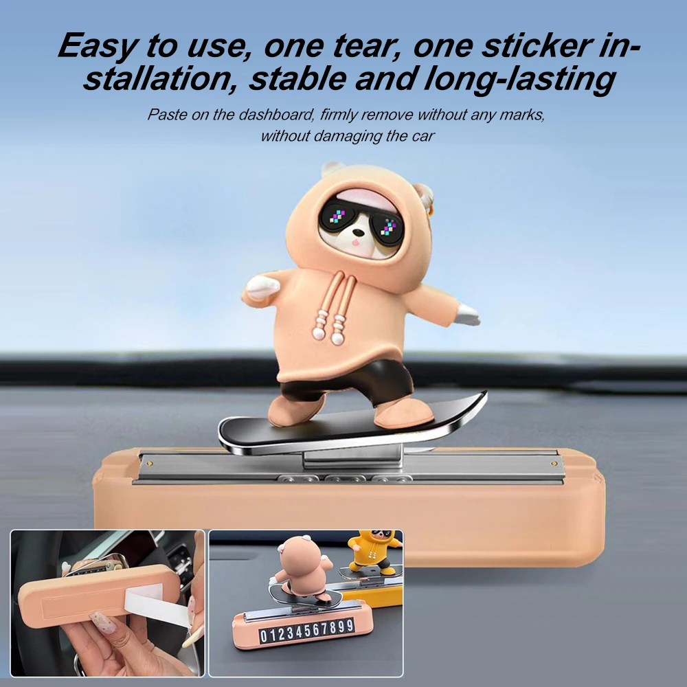 Creative Cartoon Skateboard Bear Car Dashboard Decor, Magnetic Parking Number Plate, Cute Auto Interior Ornament & Desktop Decor