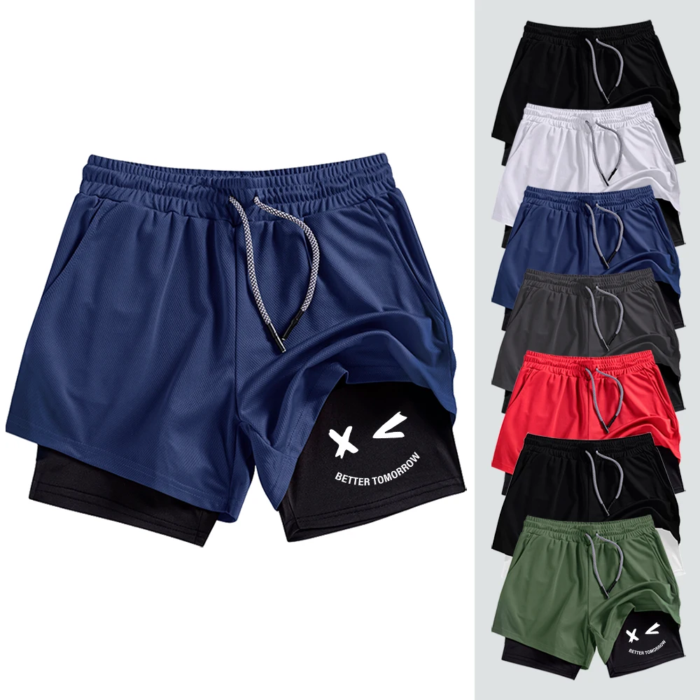 

Summer Men's Quick Dry Athletic Fitness Short Pants Double Layer Inner Liner with Pockets Towel Loop Smile Face Graphic Print