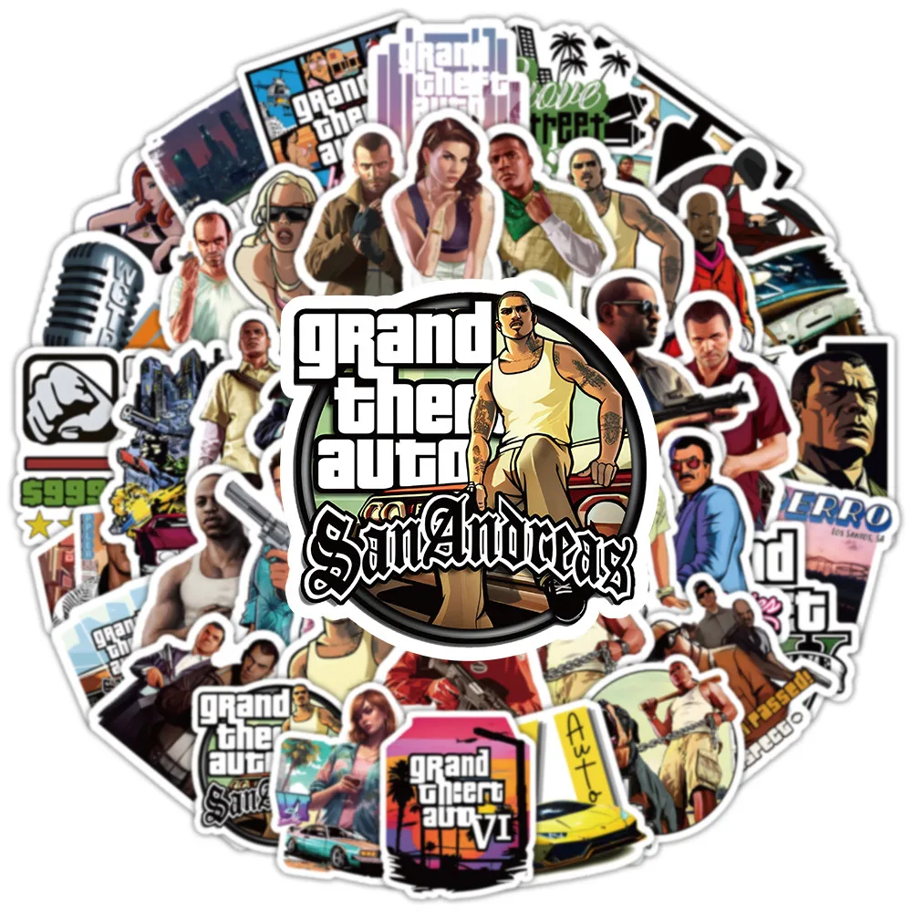 مجموعة ملصقات جرافيتي GTA للعبة Open-World المكونة من 53 ورقة - شارات موضوع ألعاب العالم المفتوح لهدايا أعياد الميلاد (متجر Anime Worlds)