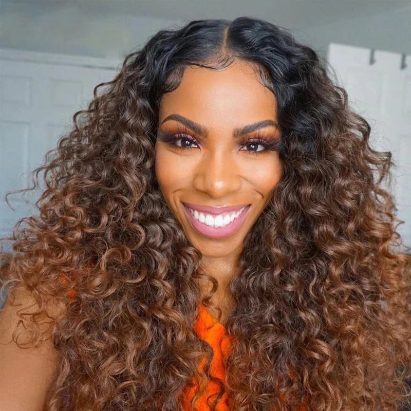 Soft Long 180Density 26Inch Ombre Brown Natural Hairline Kinky Curly Lace Front Wig For Black Women With Baby Hair Preplucked