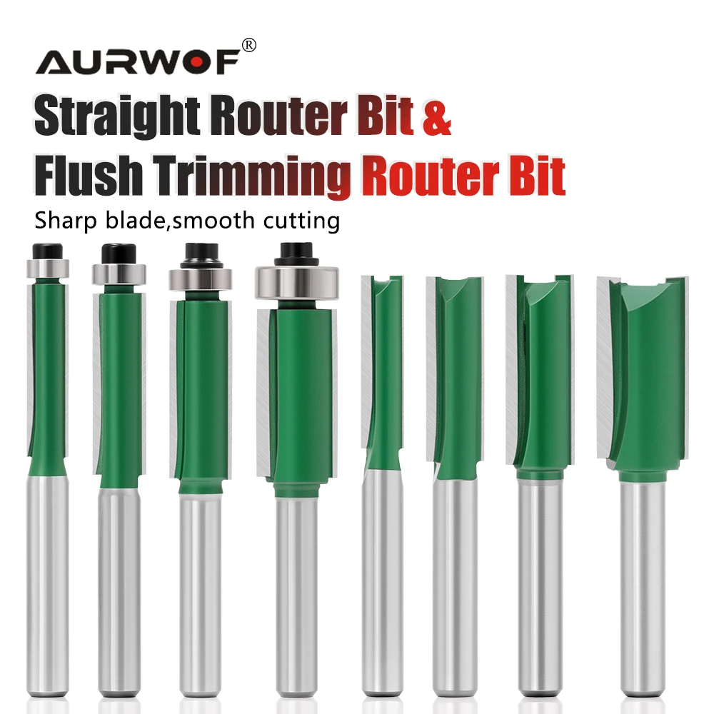 

AURWOF 1pc 1/4" 6.35mm Shank Bearing Flush Router Bit Blade Double Flute Bit Straight Shank For Woodworking Milling Cutter Tool