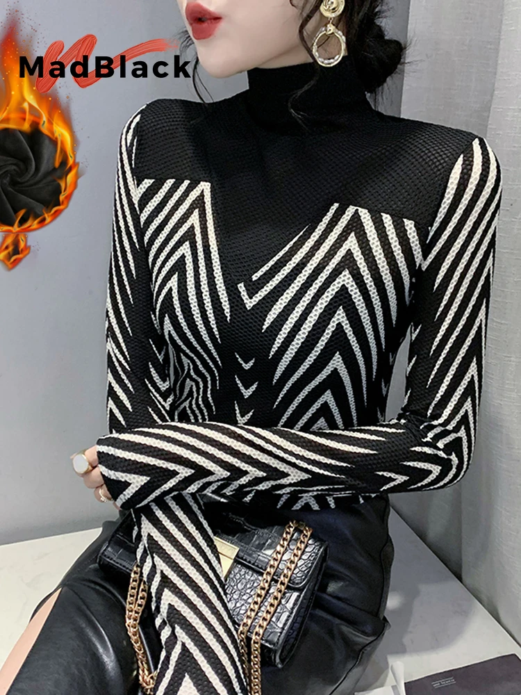 

MadBlack-Women European Fleece T-Shirt, Sexy Turtleneck Striped Patchwork, Streetwear Long Sleeve Slim Tee, 2025 Autumn T5O074CC