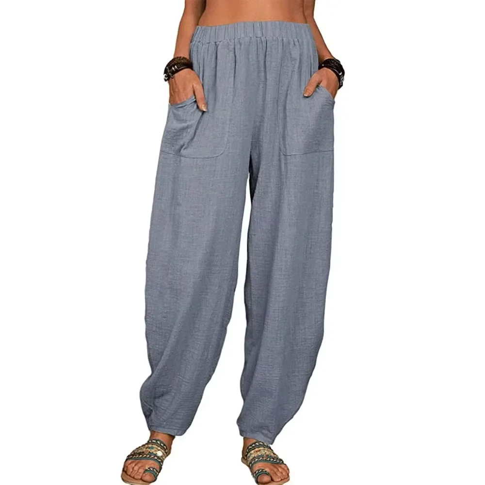 

Women's Cotton Hemp Wide Leg Pants Summer Casual Vintage with Pockets Thin Beach Trousers Elastic Waist Retro Loose Harem Female