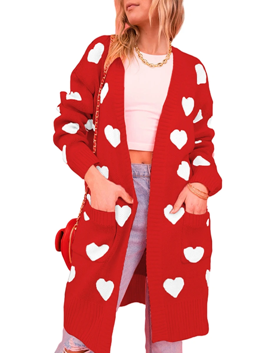 Yoawdats Women s Y2K Open Front Sweaters Heart Print Knitted Cardigans with Pockets Warm Knitwear Ladies Gifts