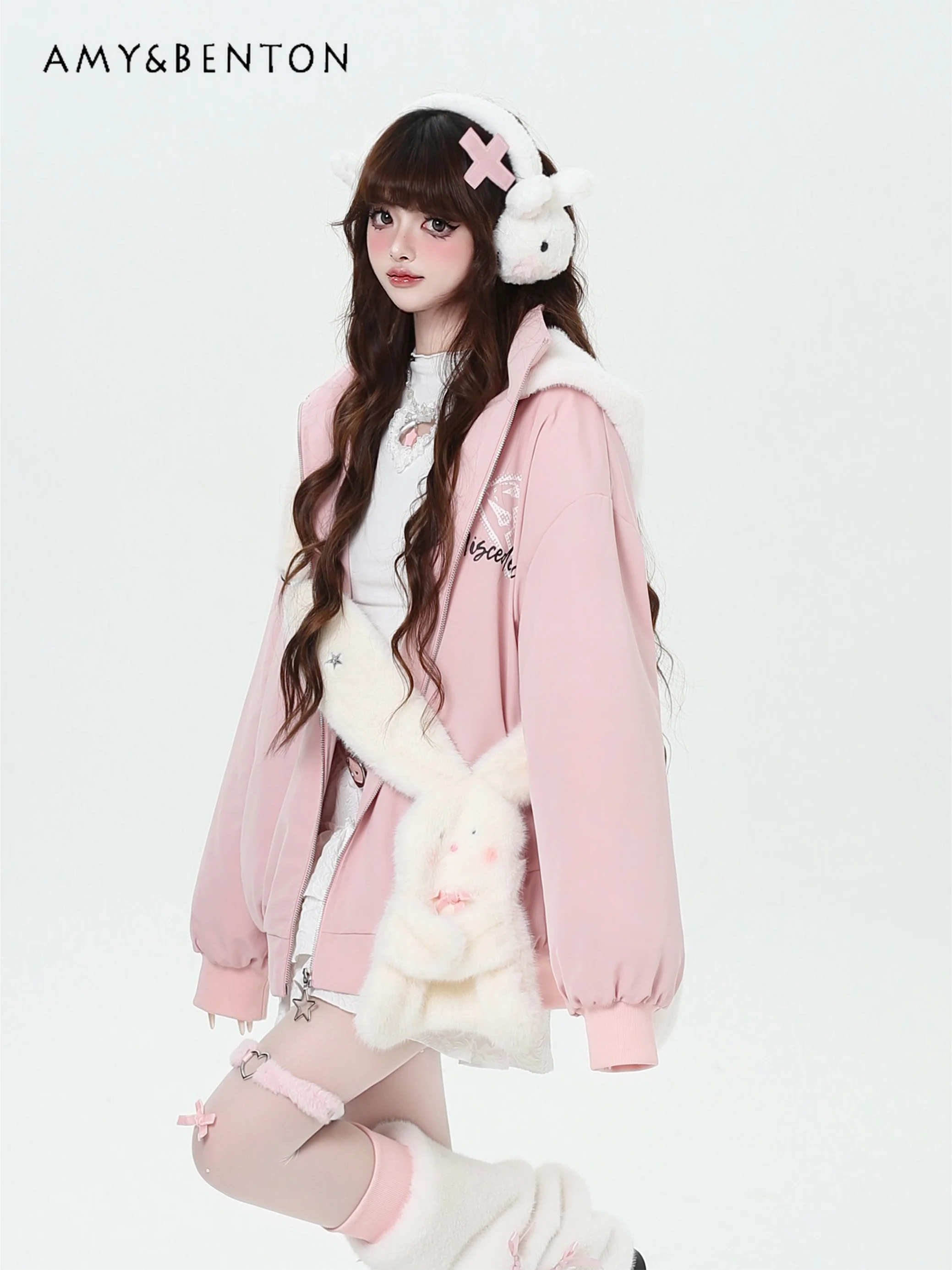 Winter New Kawaii Bow Rabbit Ear Hooded Jacket Original Sweet Girl Cute Printed Loose Warm Jacket Women Goth Oversized Coats