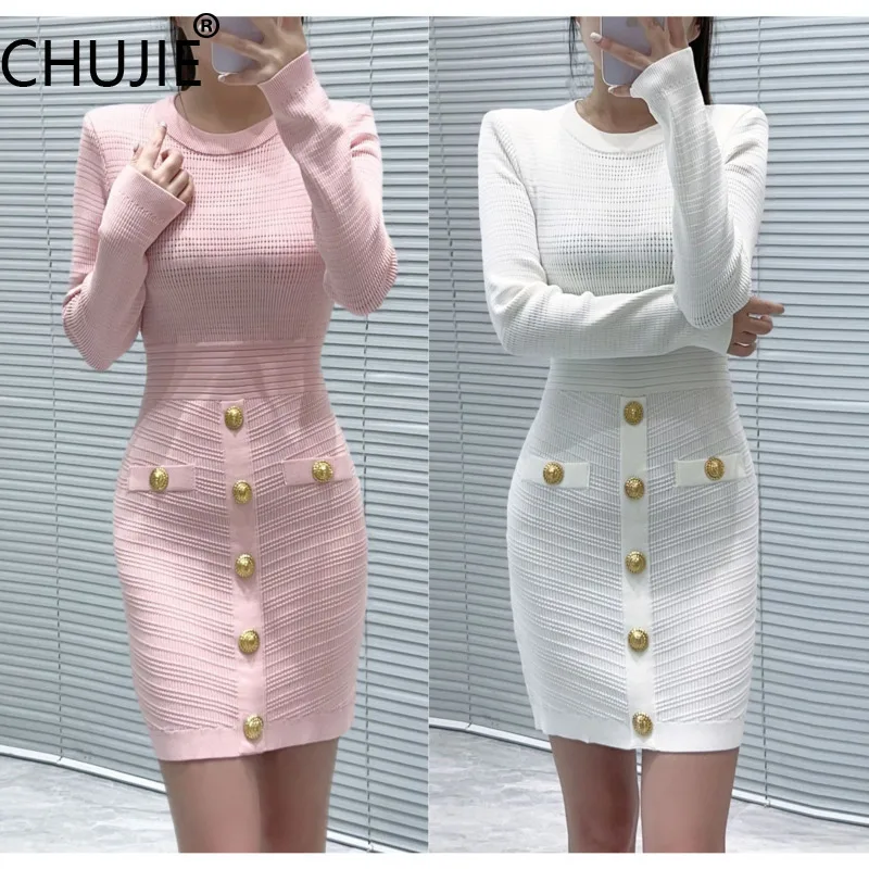 

CHUJIE 2025 Fall French Luxe Dress, Gold Buttons Round Neck Bodycon Mini Dress, Slim Fit Elegant Office Evening Wear