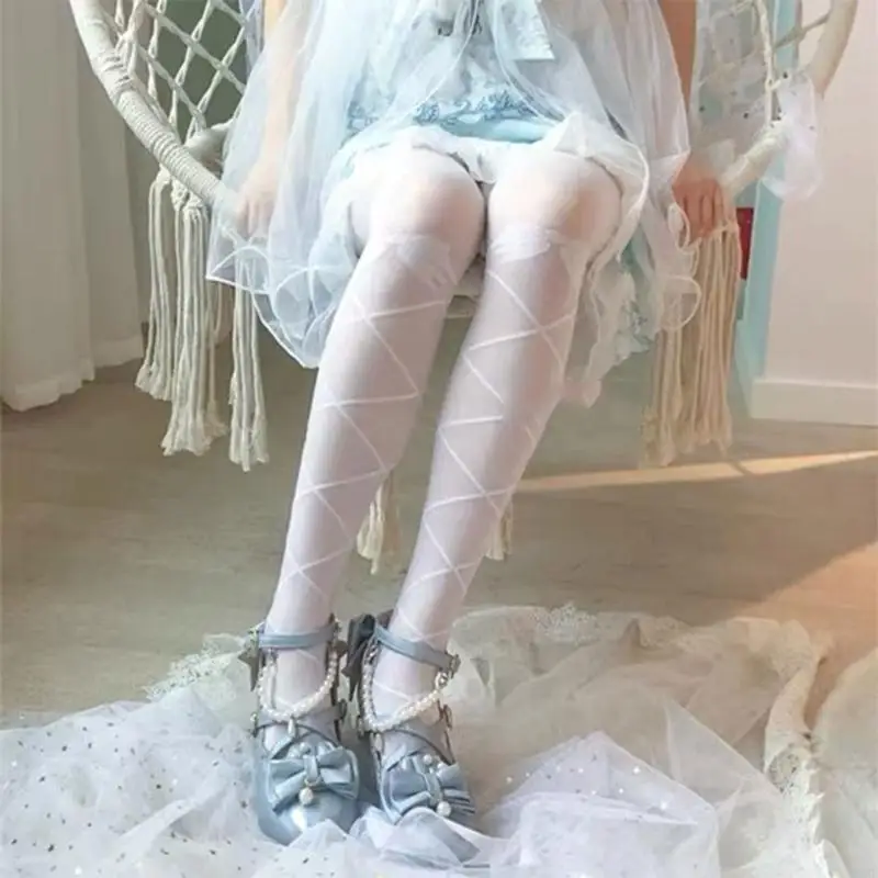 195E النساء لوليتا رقيقة حريري جوارب طويلة اليابانية القوطية أنيمي وهمية ل الصليب ضمادة الملاك الجناح منقوشة تأثيري الجوارب #4