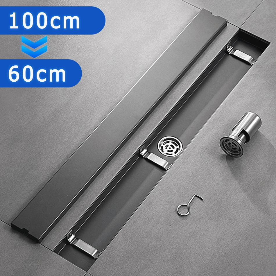 Invisible Tile Floor Drain Stainless Steel Grey Bathroom Shower Long Linear Water Drainage Side Floor Drain 60 70 80 90 100 CM