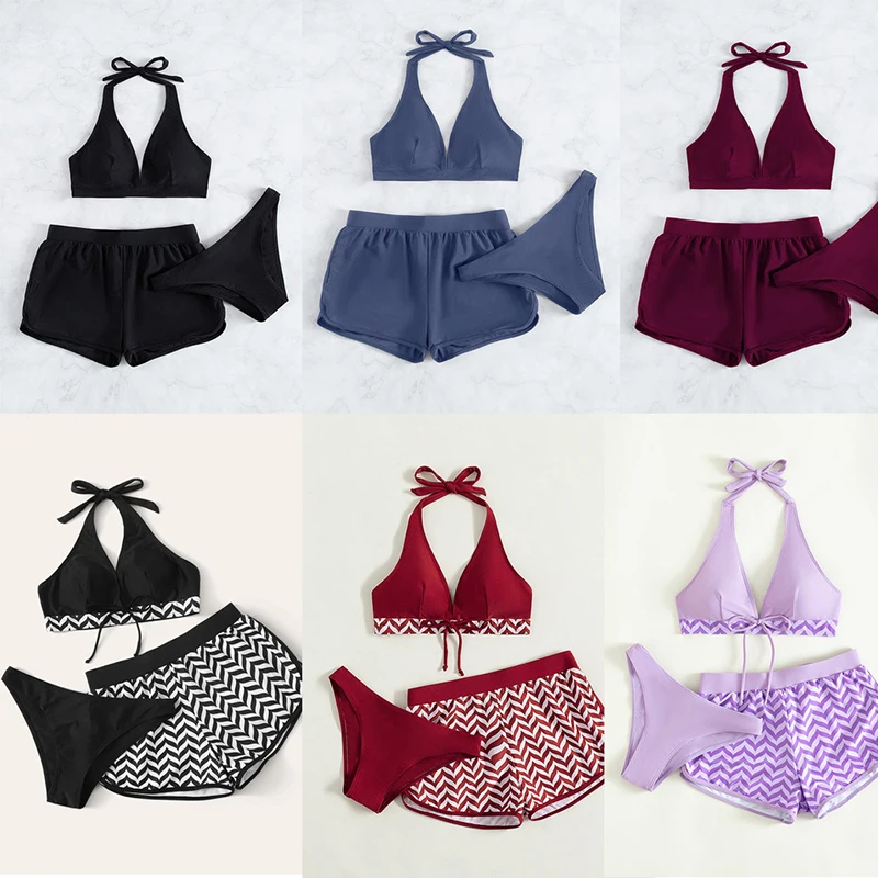 Conjunto de bikini deportivo sexy de tres piezas con cuello halter y copa triangular, traje de baño dividido, ropa de playa para vacaciones de verano para mujeres