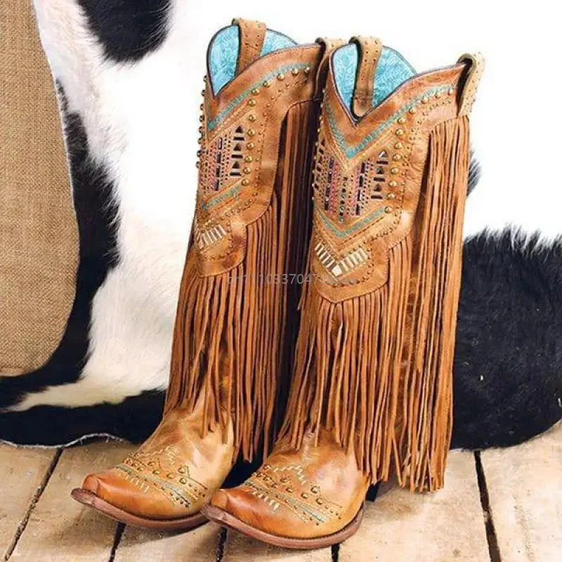 Medieval Lady Tassel Mid Tube Pointed Toe Ethnic Style Boots Retro Rivet Knight Shoes Role Playing Stage Performance Footwear 3