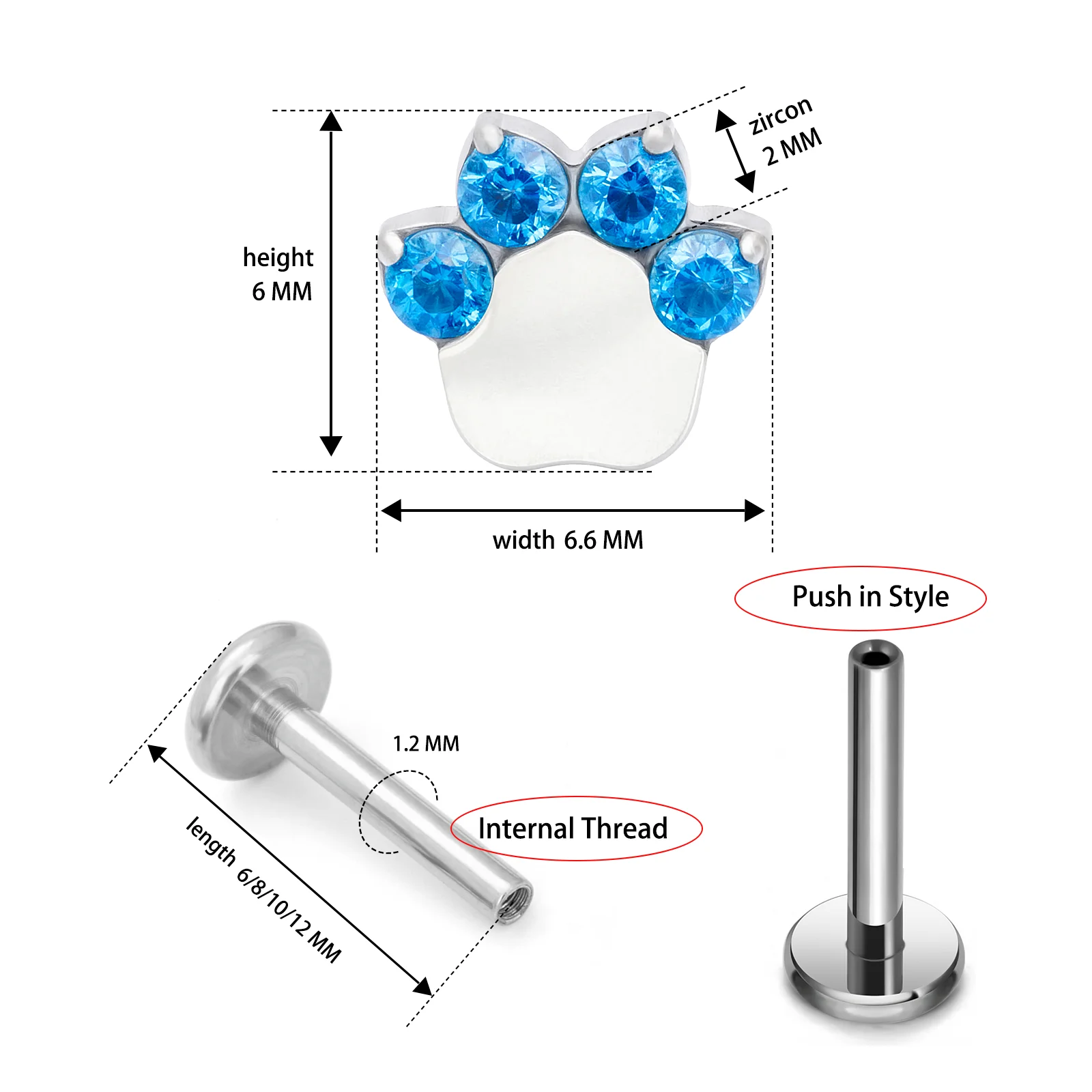 G23 Titanium Piercing 16G Internal Thread Push in Cat paw CZ Labret Nose Ear Studs Helix Cartilage Tragus Women Body Jewelry