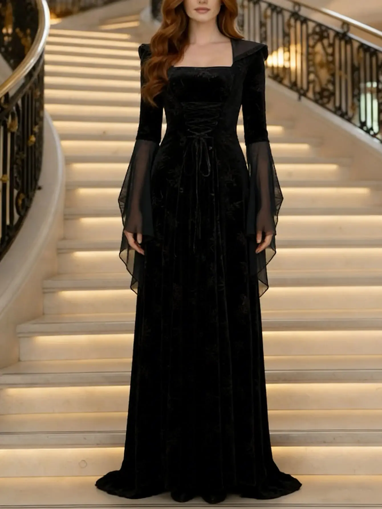 Evening Dress Womens Medieval Renaissance Velvet Long Dress Celtic Queen Gown Party Square Collar Maxi Dress Robe Party Dresses