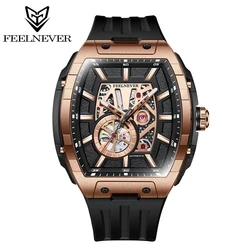 FeelNever Hollow Rectangular Dial Automatic Mechanical Mens Watches Luxury Sapphire Crystal Rubber Strap Waterproof reloj hombre