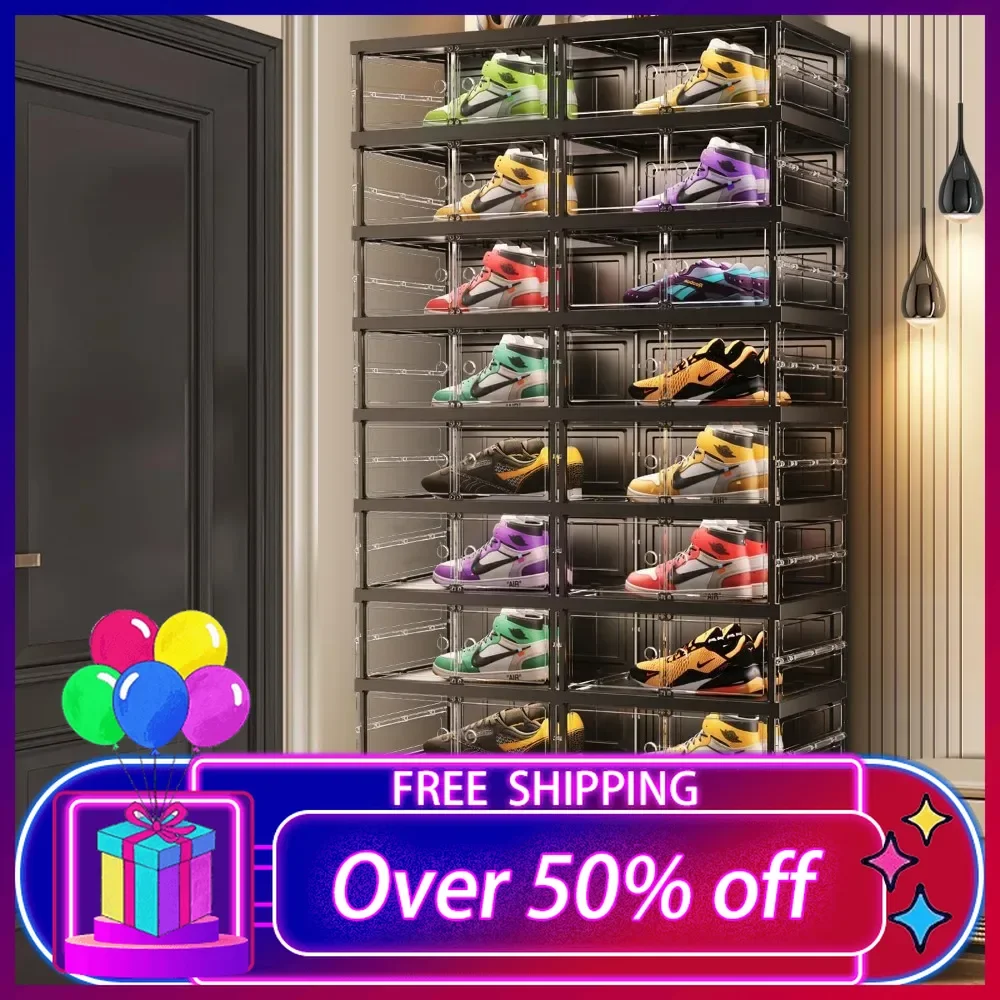 9-Tier Foldable Shoe Rack for Entryway 18-36Pairs,Stackable Clear Shoes Storage Boxes Organizer with Door Plastic Shoe Cabinet