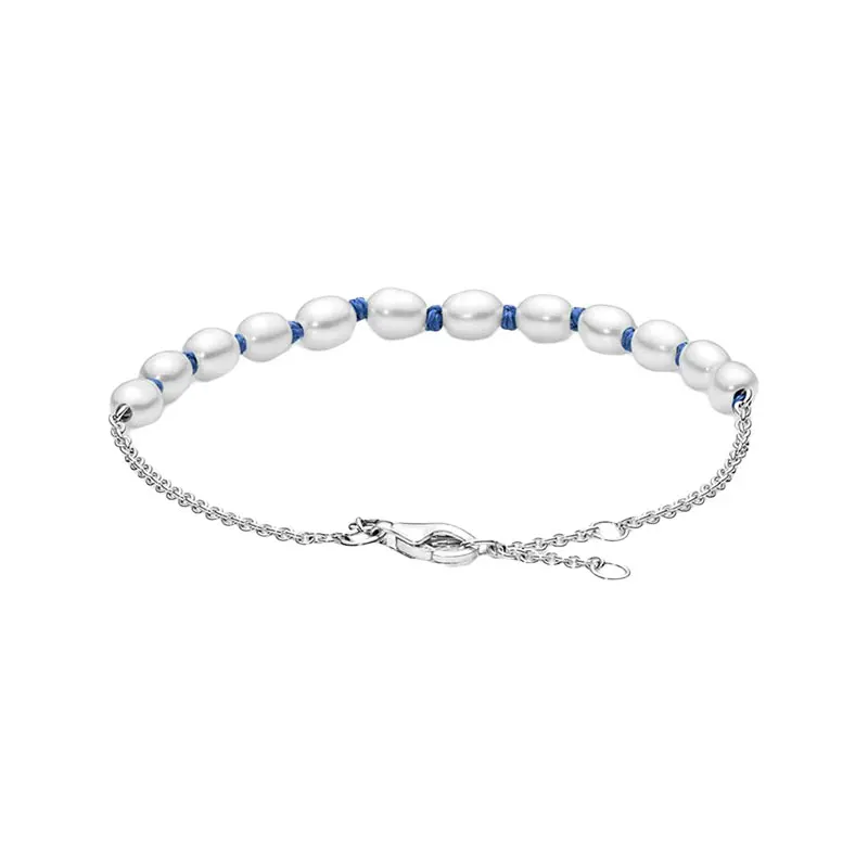 925 Sterling Silver Wrist Link Chain Bracelets For Women Jewelry White Freshwater Cultured Pearl Blue Cord Lobster Clasp Closure