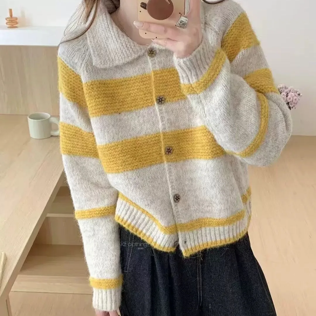 

Korean Stripe Loose Women's Knitwear Cardigan Single Breasted Sweater Autumn Winter Thickened Soft Cozy Top Female Fashion Coat