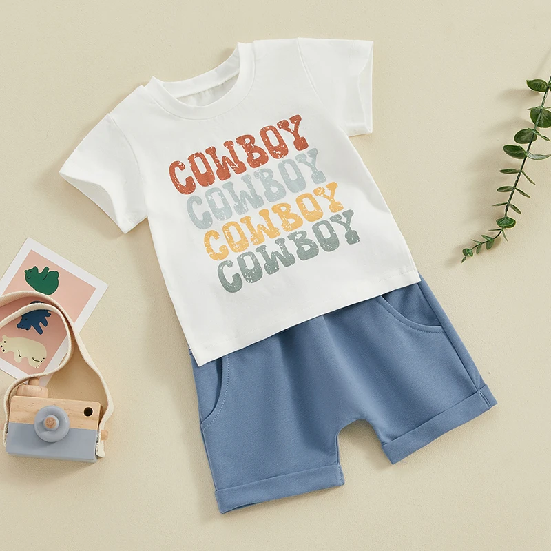 Newborn Baby Boy Western Clothes Cowboy Short Sleeve T Shirt Elastic Waist Pockets Shorts Set Summer Outfit