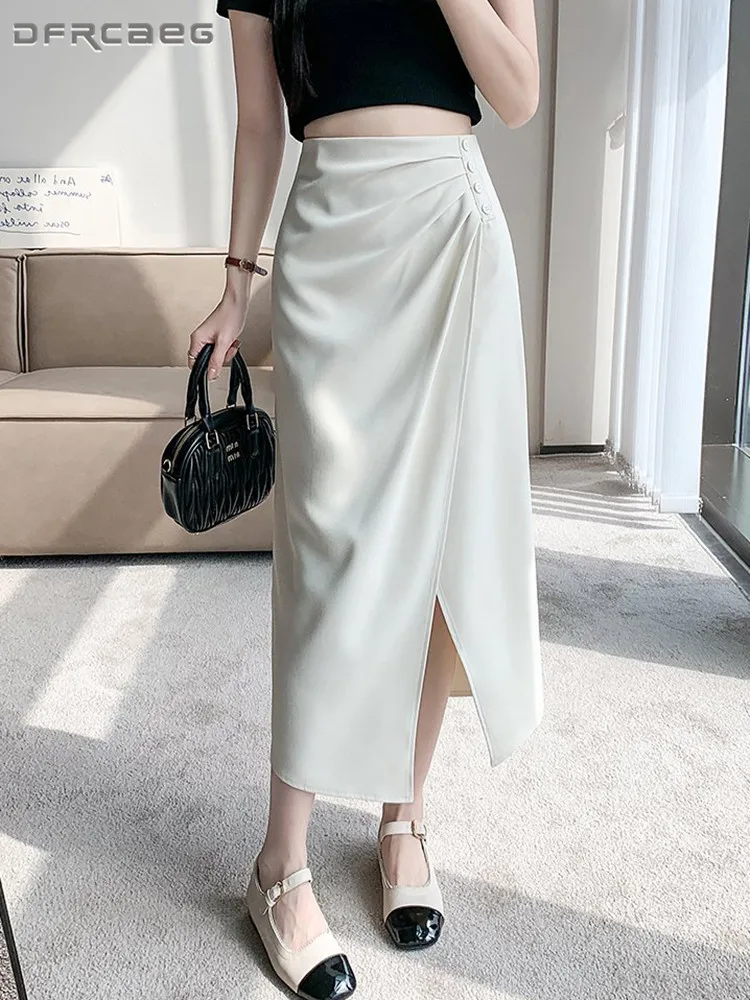 

Новинка: Асимметричная черная юбка-миди с разрезом для женщин, весна/лето, облегающий крой, офисный стиль, длинные юбки для деловых женщин.