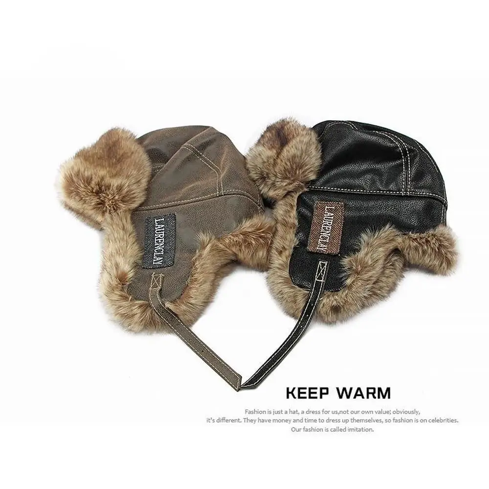 Winter Men Earflap Hat Bomber Caps Artificial Leather Thick Plush 54-60cm Retro Pilot Style Outdoor Keep Warm 2023 New YF0201