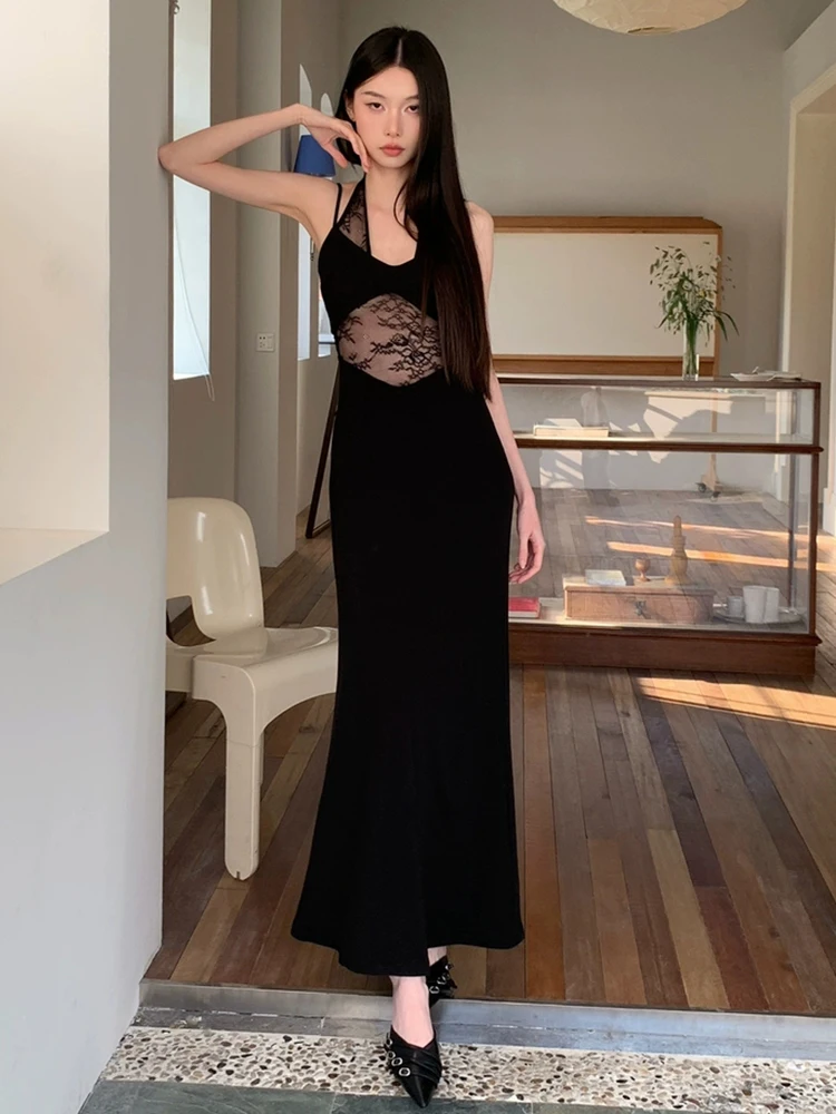 RORORIRI 쉬어 레이스 스티치 홀터 캐미솔 드레스 여성 백리스 솔리드 슬림 스트레치 Bodycon 인어 롱 드레스 섹시한 복고풍 옷