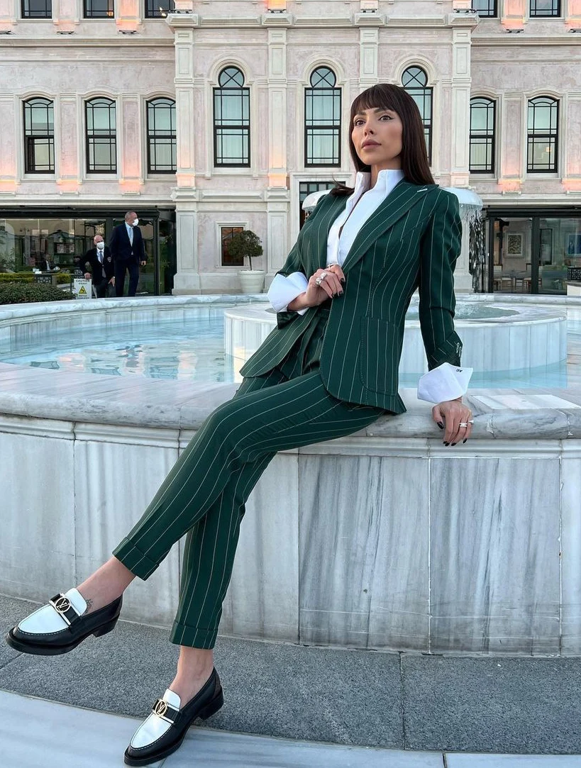 Green Striped Blazer Street Power Suits Slim Fit  Evening Party Formal Business Outfit Wedding Wear 2 Pieces