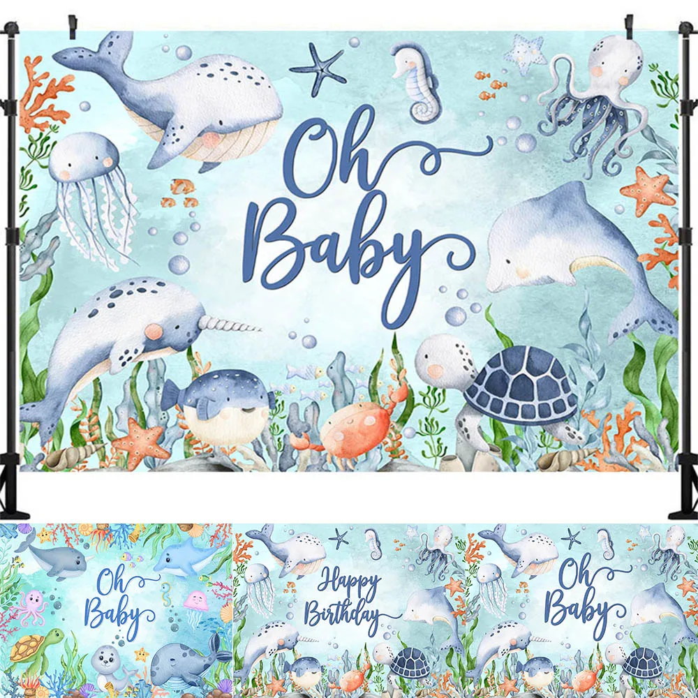 

Oh Baby Photography Backdrop Happy Birthday Decor Underwater World Background Kids Portrait Customisable Studio Props Banner